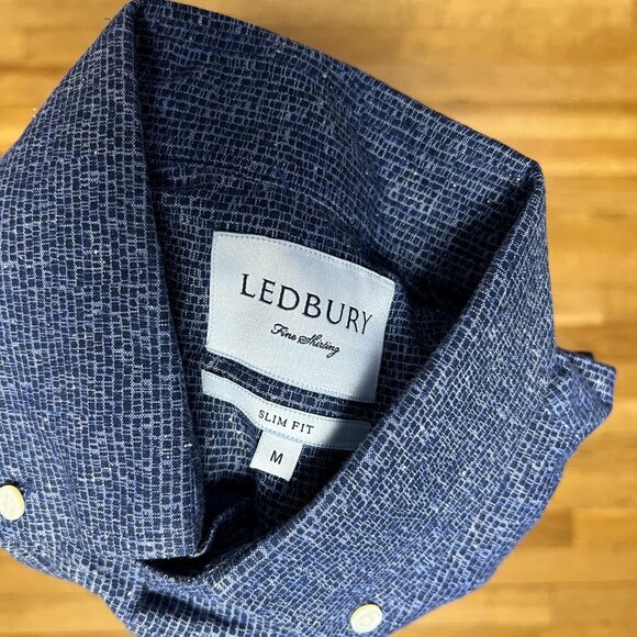 Ledbury Blue Geometic Pattern Long Sleeve Button Down Size Medium Slim Fit - Picture 3 of 8